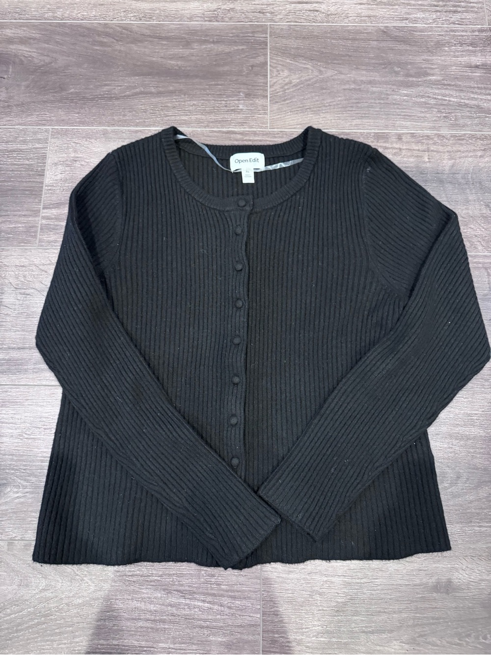 Open Edit Black Ribbed Button-Front Cardigan, XL, excellent